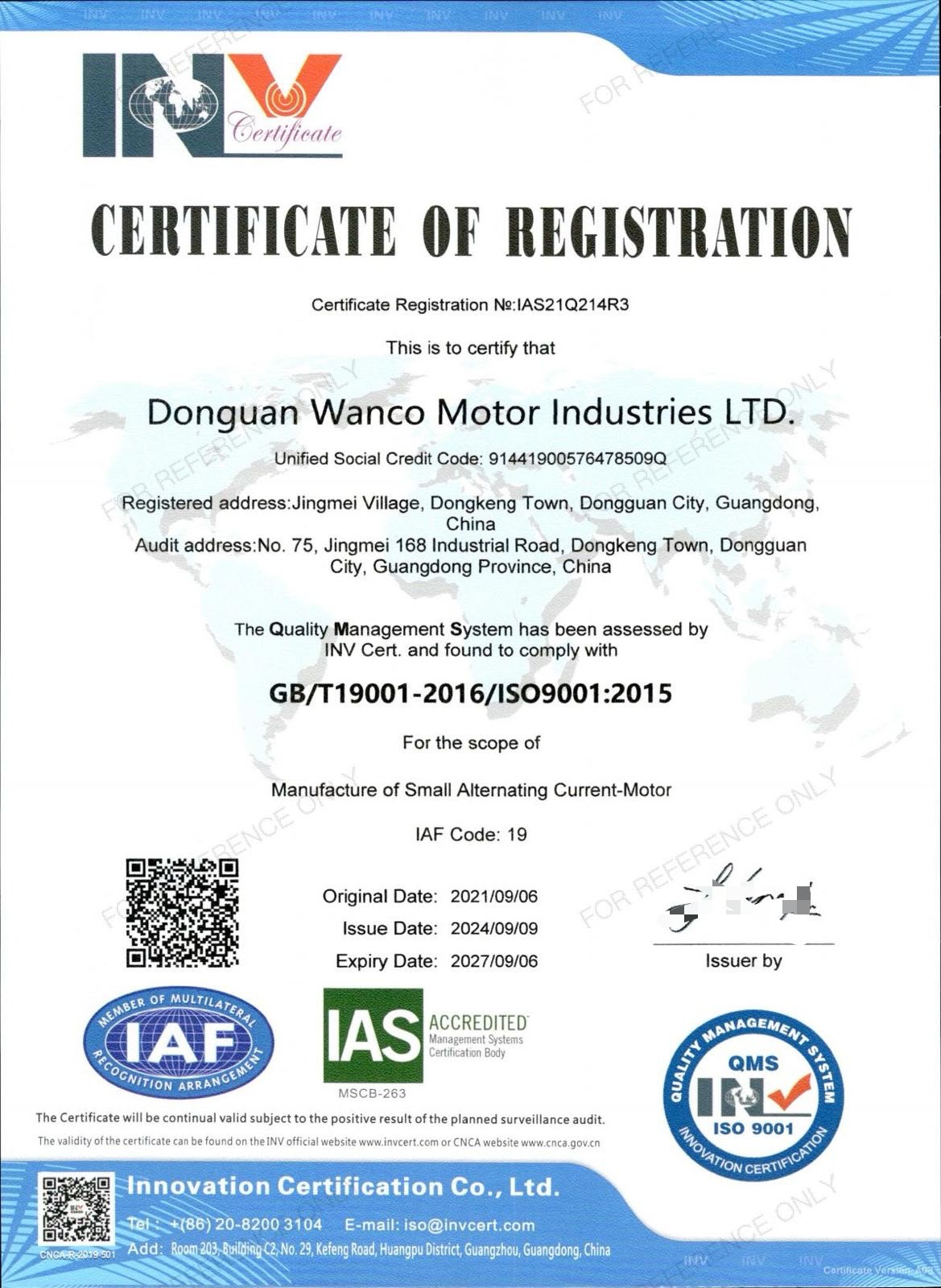 Wanco Motor engineer performing 100% full-performance QC testing in ISO 9001:2015 certified motor testing laboratory.