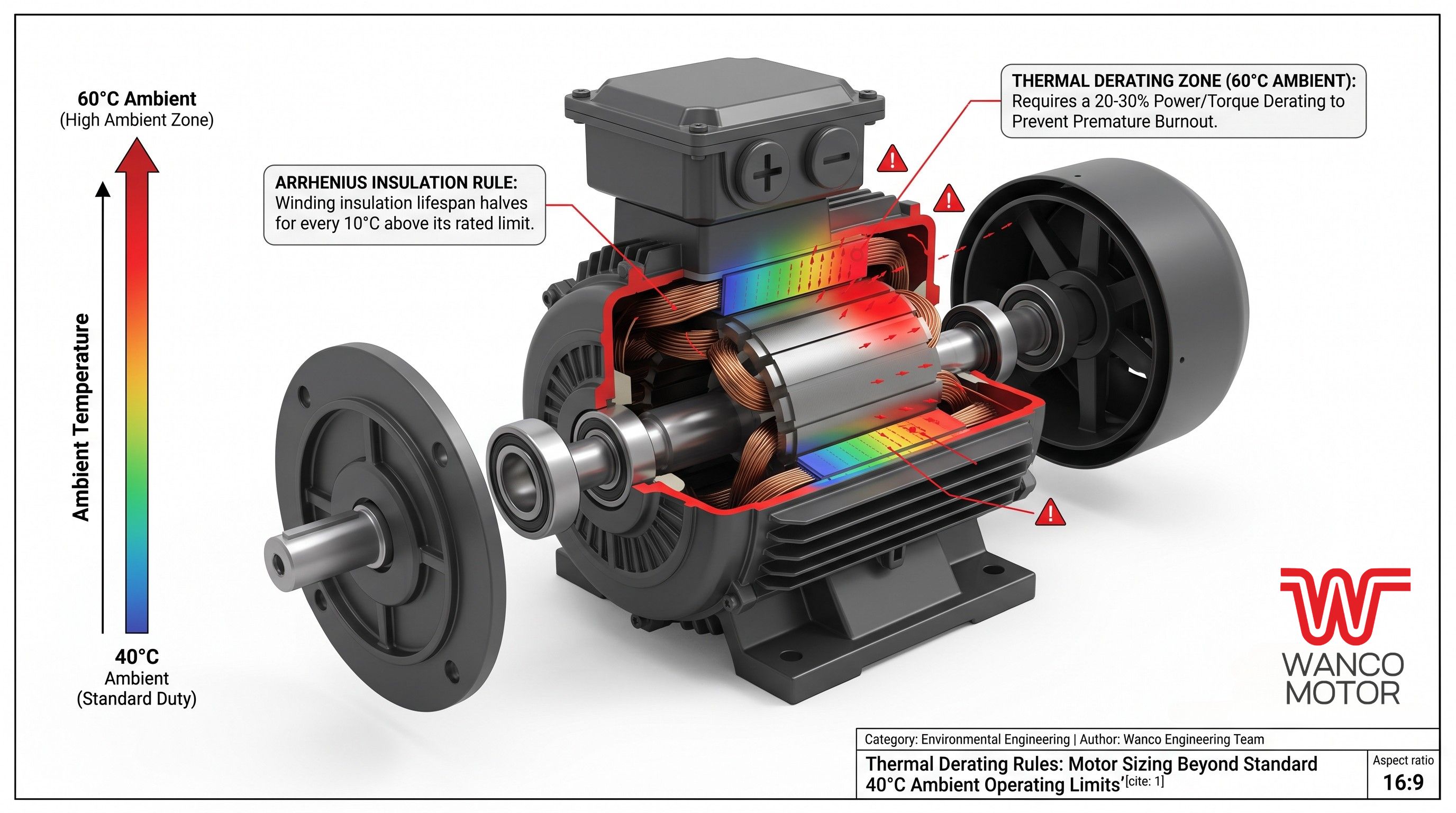 Thermal derating curve and insulation class selection guide for AC motors in high-heat industrial environments.