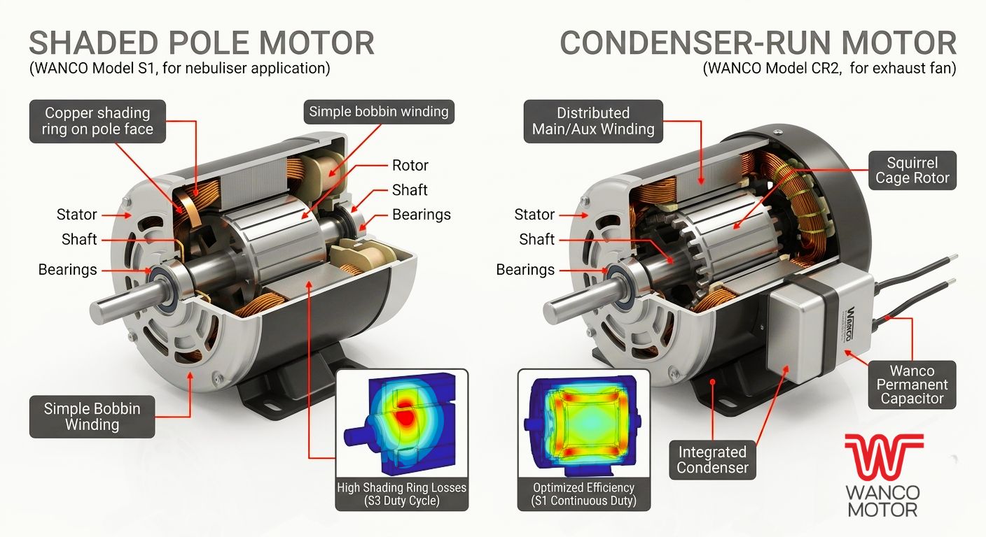 Engineering comparison diagram between Shaded Pole and Condenser-Run motor topologies and internal structures.