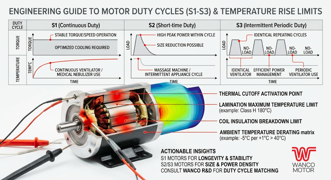 Motor thermal rise limit test data chart demonstrating S1 to S3 duty cycle load capabilities.